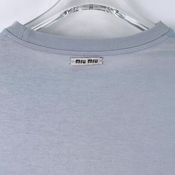 Miu Miu Light Blue Lotus Leaf Lace Cutout Round Neck Short-Sleeve T-Shirt Size S - Picture 5 of 8